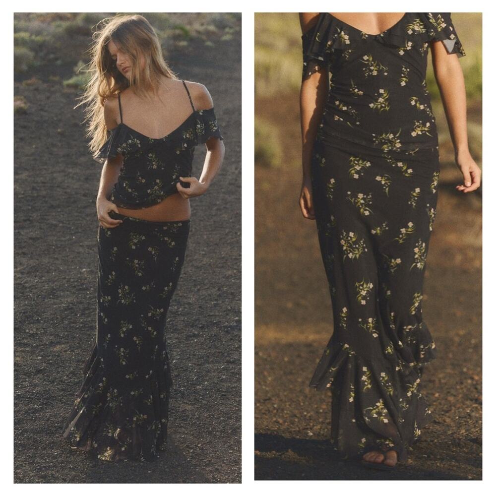 NWT ZARA Tulle Ruffle Floral Maxi Skirt‎ S